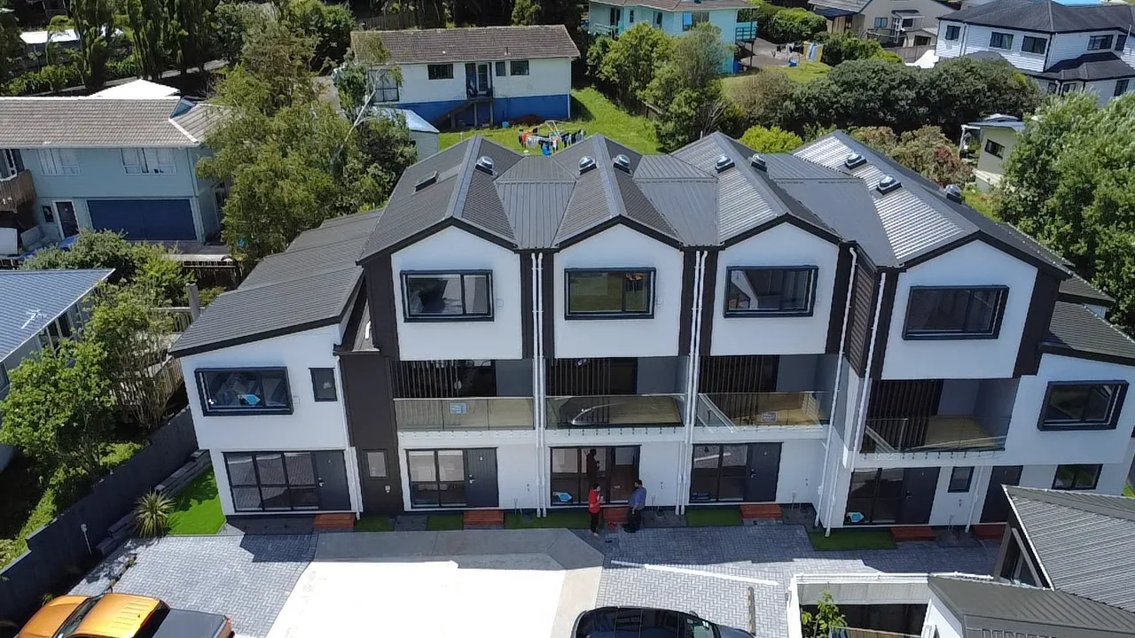 Aerial view of Auckland townhouses inspected by Affordable House Inspections